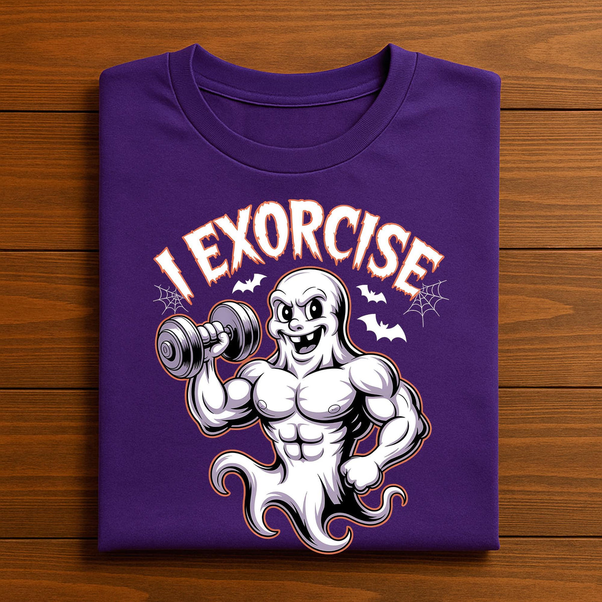 I Exorcise Shirt, Muscular Ghost Lifting Dumbbell Gym Tee, Spooky Workout Fitness Costume for Gym Rats & Lifters, Funny Halloween Gym Shirt