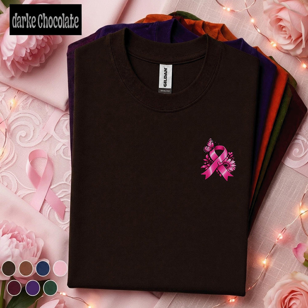 Breast Cancer Awareness Shirt, Pink Ribbon Pocket Tee, Minimalist Floral Butterfly Shirt, October Pink Out Support Gift for Women