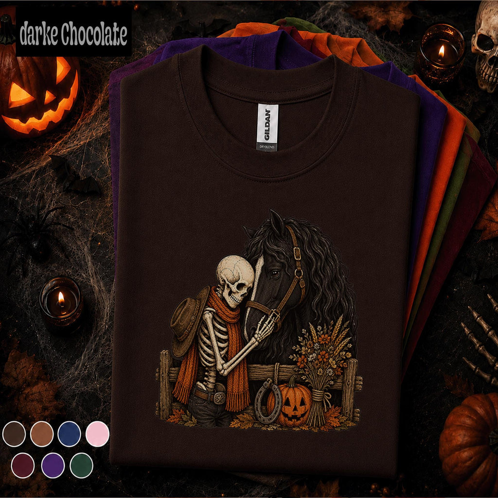 Skeleton Horse Halloween Shirt, Spooky Equestrian Tee, Western Cowboy Skeleton Gift, Black Horse Pumpkin Fall Rider Gothic Shirt Tee
