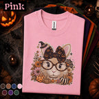 Halloween Cat Shirt, Cute Witchy Cat T Shirt, Pumpkin Bow Spooky Season Tee, Cat Mom Fall Shirt, Coquette Halloween Gift Tee