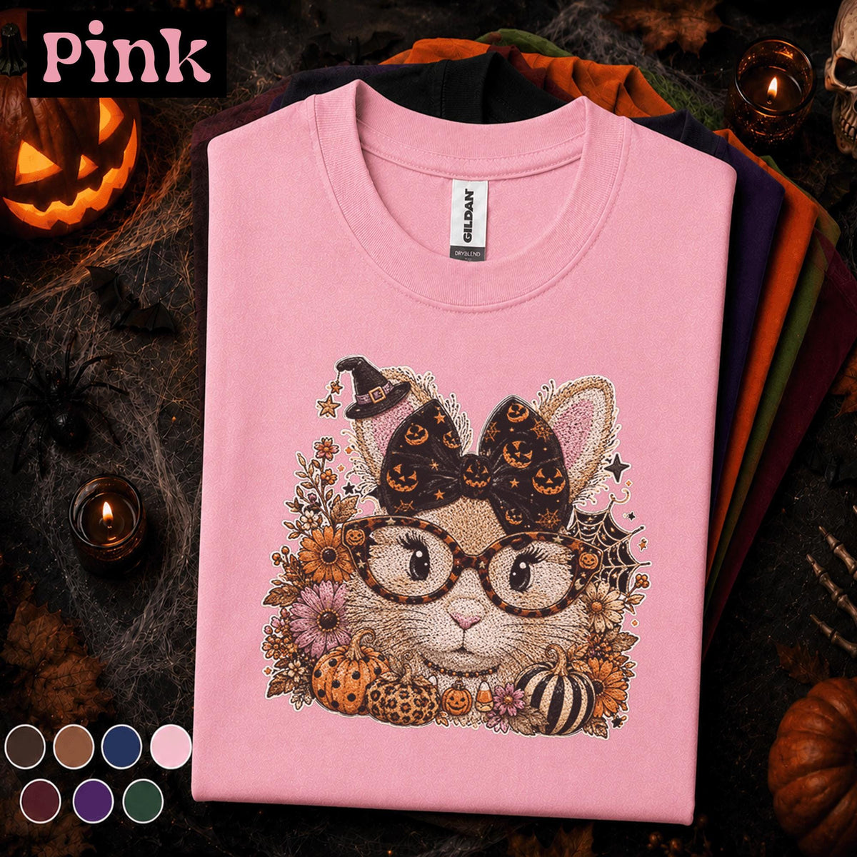 Halloween Cat Shirt, Cute Witchy Cat T Shirt, Pumpkin Bow Spooky Season Tee, Cat Mom Fall Shirt, Coquette Halloween Gift Tee