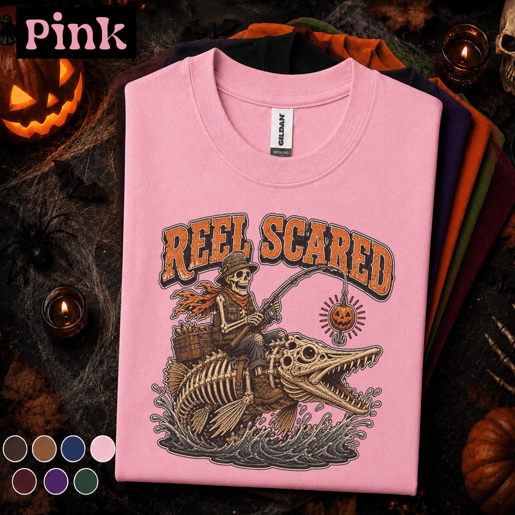 Reel Scared Halloween Fishing Shirt, Skeleton Fisherman Tee, Spooky Angler Gift, Pumpkin Fishing Lure Shirt, Funny Fishing Fall Tee