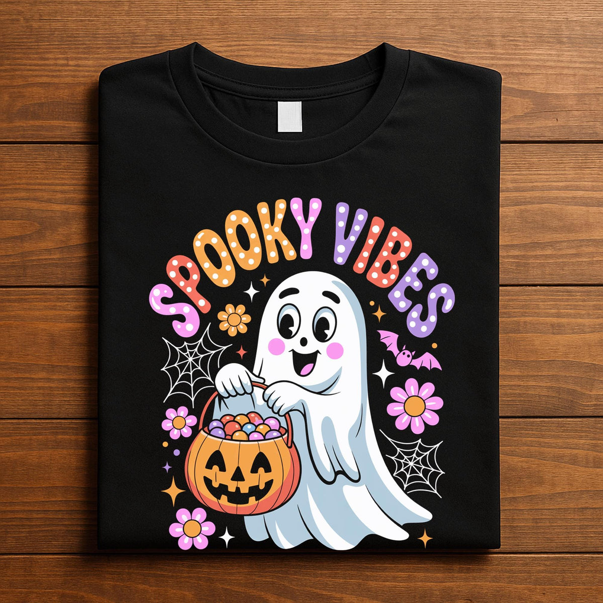 Spooky Vibes Shirt, Cute Halloween Tee, Candy Bucket Ghost T-Shirt, Fun Spooky Season Shirt, Spooky Vibes Sweatshirt, Women Halloween Gift