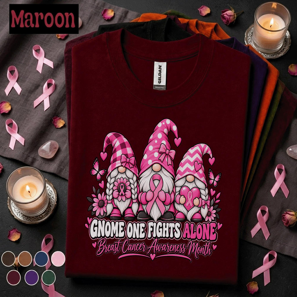 Breast Cancer Awareness Shirt, Gnome One Fights Alone Tee, Pink Ribbon Gnome Shirt, October Support Gift, Cancer Warrior Women Tee