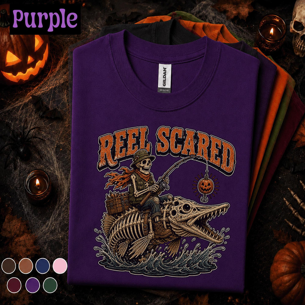 Reel Scared Halloween Fishing Shirt, Skeleton Fisherman Tee, Spooky Angler Gift, Pumpkin Fishing Lure Shirt, Funny Fishing Fall Tee