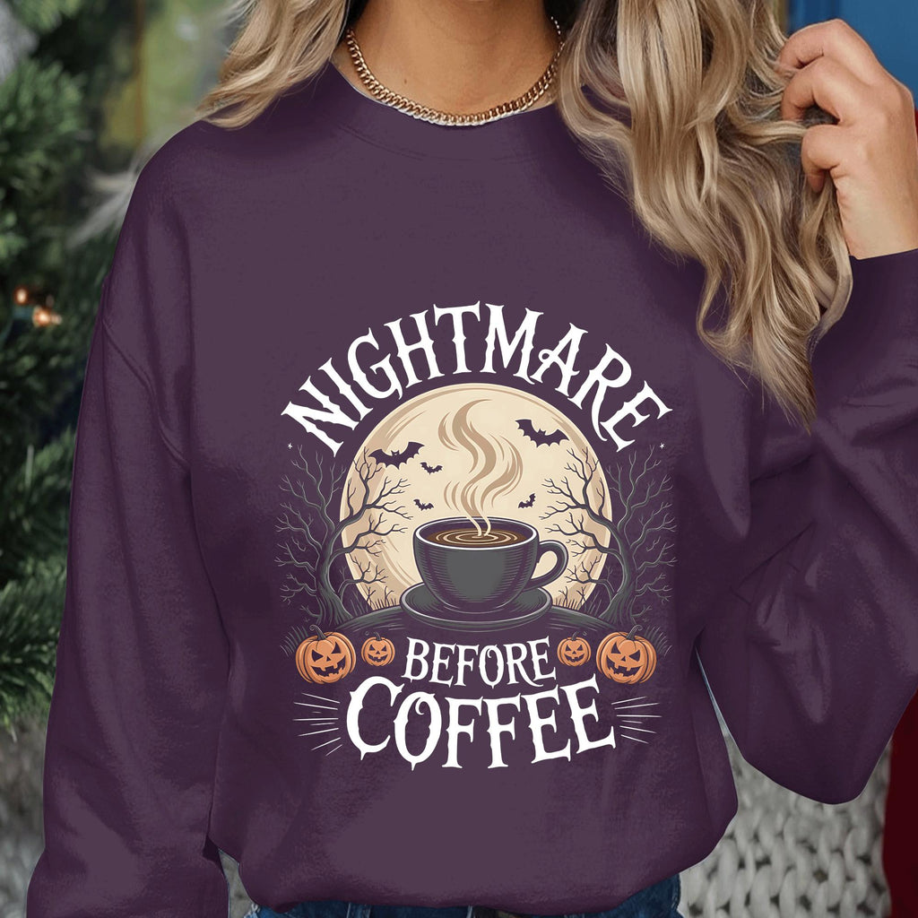 Nightmare Before Coffee Shirt Funny Halloween Coffee Lover Tee With Pumpkins Bats Moon And Spooky Cup Design For Morning Espresso Addicts
