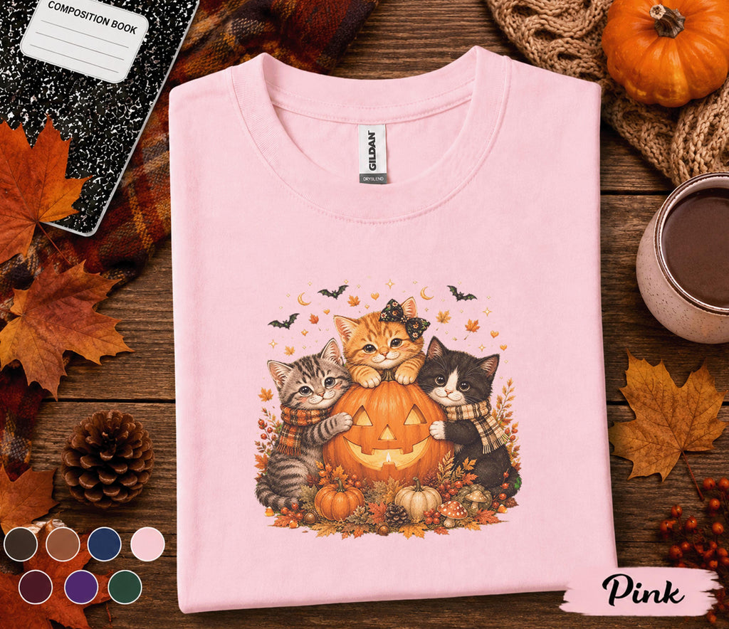 Cute Halloween Cat Fall Shirt, Pumpkin Kitten Fall Tee, Black Orange Gray Cats , Autumn Cat Lover Gift, Spooky Season T-Shirt
