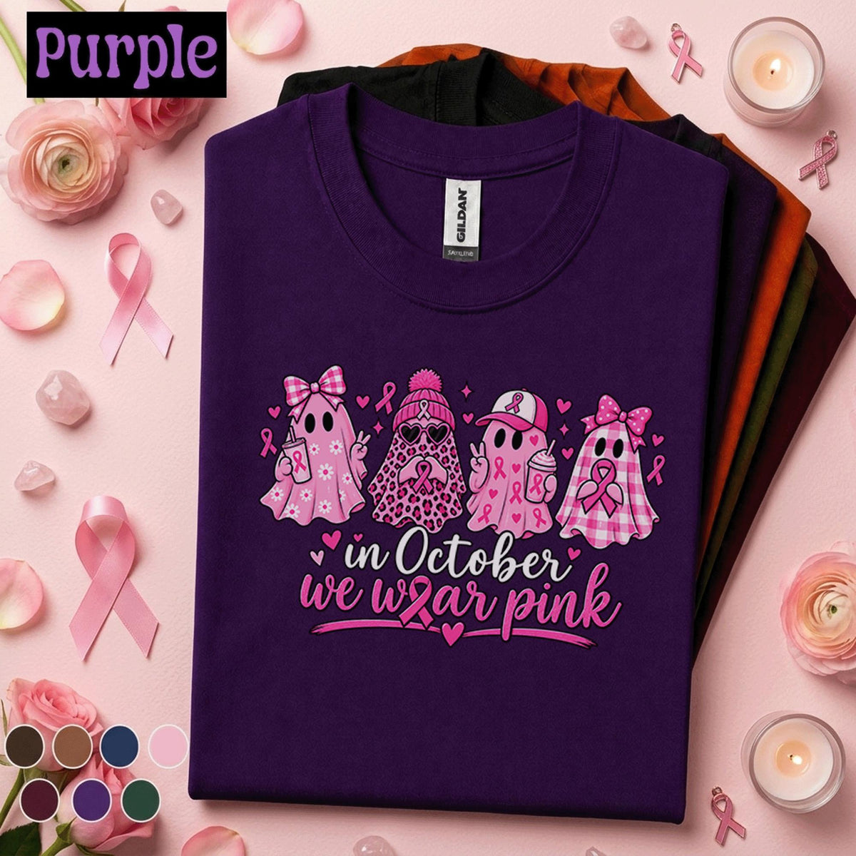 Breast Cancer Awareness Shirt, In October We Wear Pink Ghost Tee, Pink Ribbon Halloween Shirt, Cute Spooky Season Support Gift for Women