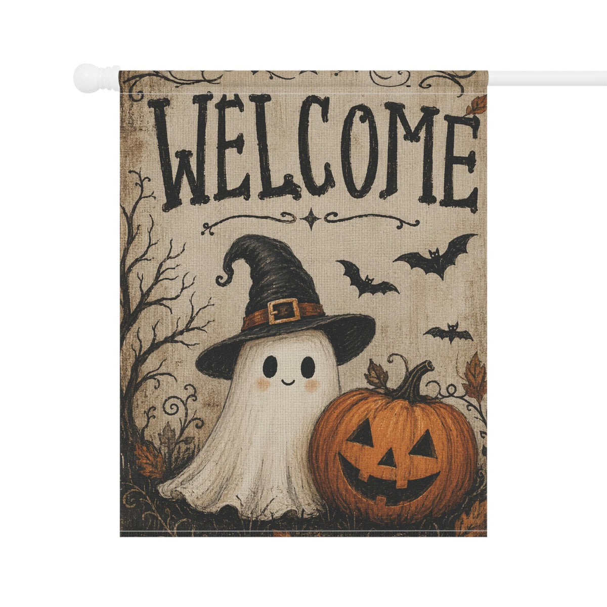 Ghost Witch Halloween Garden Flag, Welcome Pumpkin Yard Decor, Cute Spooky Witch Hat Ghost, Vintage Halloween Outdoor Porch Decoration