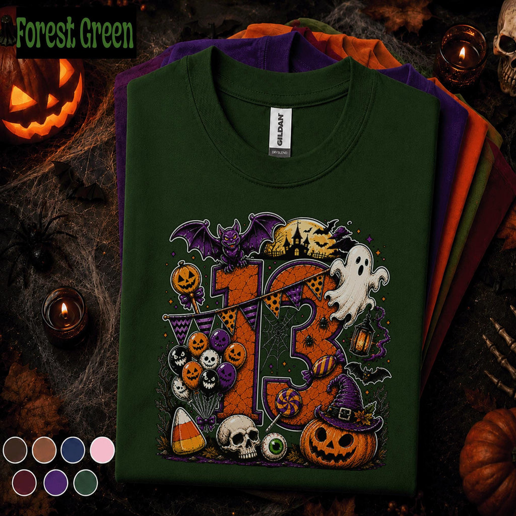 13th Birthday Halloween Shirt, Spooky Number 13 Tee, October Birthday Party Shirt, Ghost Pumpkin Witch Teen Halloween Birthday Gift