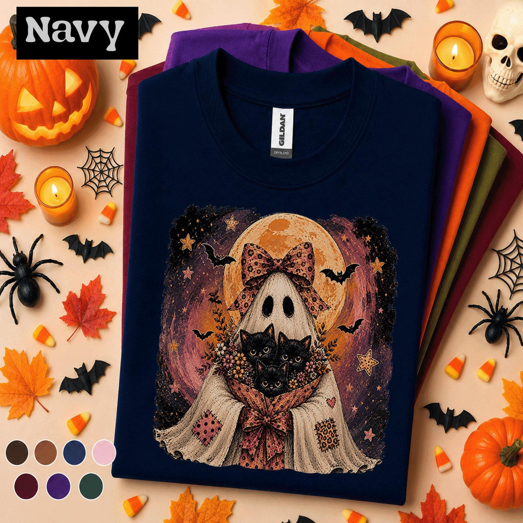 Ghost and Black Cats Halloween Shirt, Cute Spooky Cat Tee, Vintage Ghost T Shirt, Witchy Cat Mom Fall Tee, Halloween Cat Lover Gift