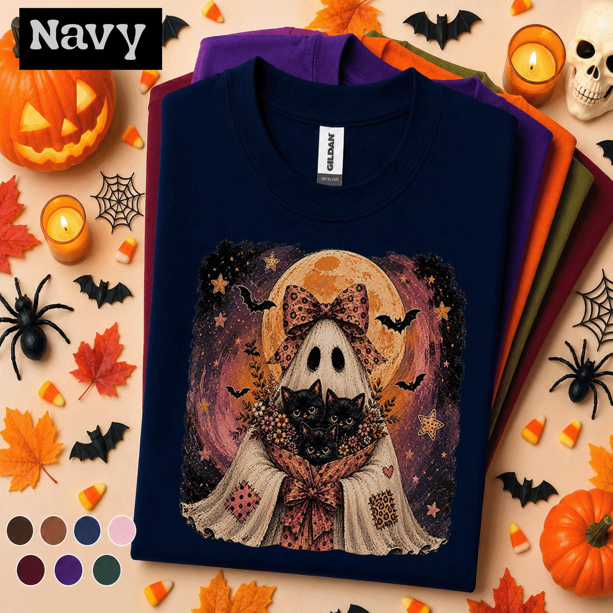 Ghost and Black Cats Halloween Shirt, Cute Spooky Cat Tee, Vintage Ghost T Shirt, Witchy Cat Mom Fall Tee, Halloween Cat Lover Gift