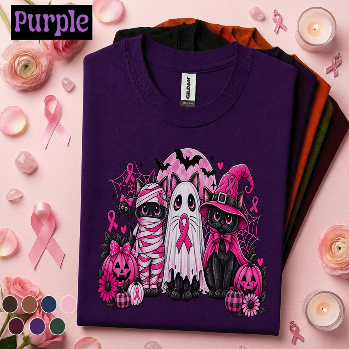 Breast Cancer Awareness Halloween Shirt, Pink Ribbon Black Cat Tee, Spooky October Cancer Support Shirt, Halloween Pink Out Survivor Gift