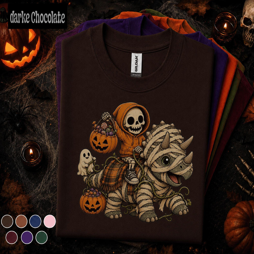 Cute Mummy Dinosaur Halloween Shirt, Skeleton Tee, Spooky Dino T Shirt, Pumpkin Ghost Fall Gift, Kids Youth Boys Halloween Top