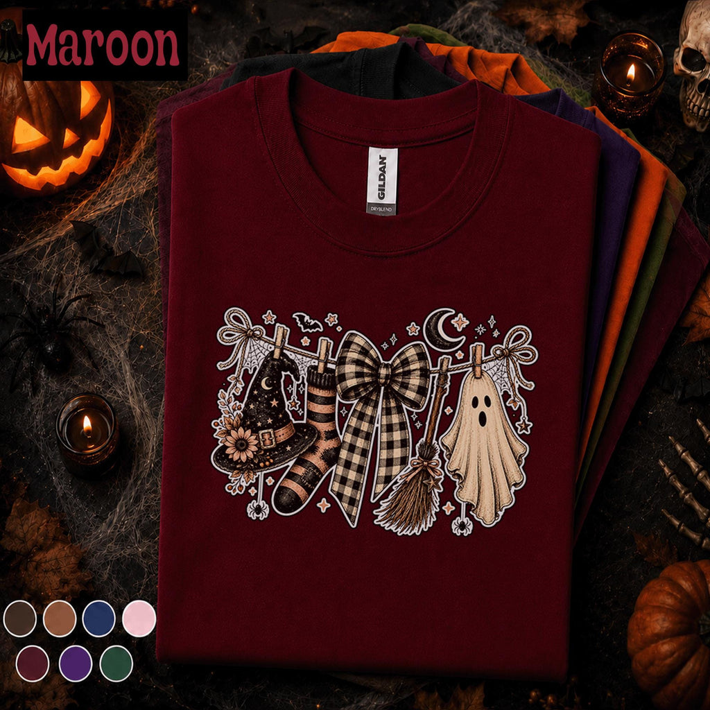 Witchy Ghost Halloween Shirt, Spooky Season T Shirt, Checkered Bow Tee, Witch Hat Broom Shirt, Cute Coquette Halloween Gift
