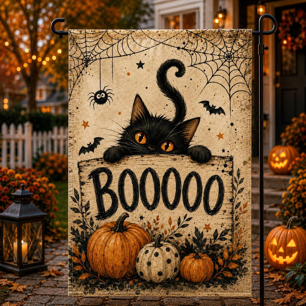 Black Cat Halloween Garden Flag, Boo Pumpkin Yard Decor