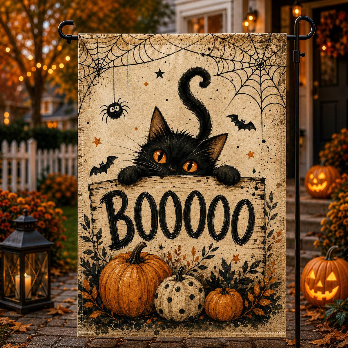 Black Cat Halloween Garden Flag, Boo Pumpkin Yard Decor