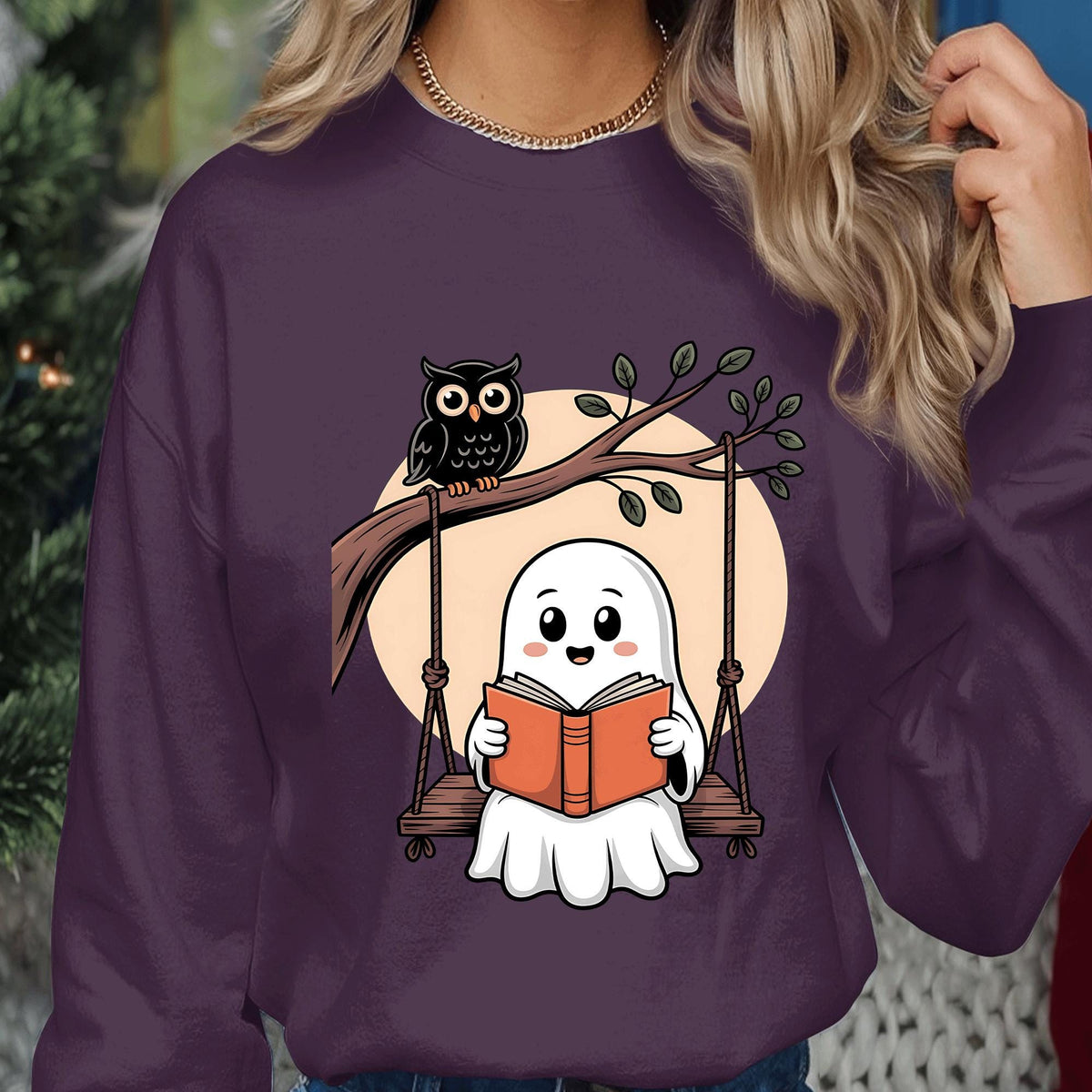 owl Ghost Reading Books Shirt, Teacher Librarian Halloween, Halloween Book Lover, Halloween School, spooky moon ghost readers Sweatshirt