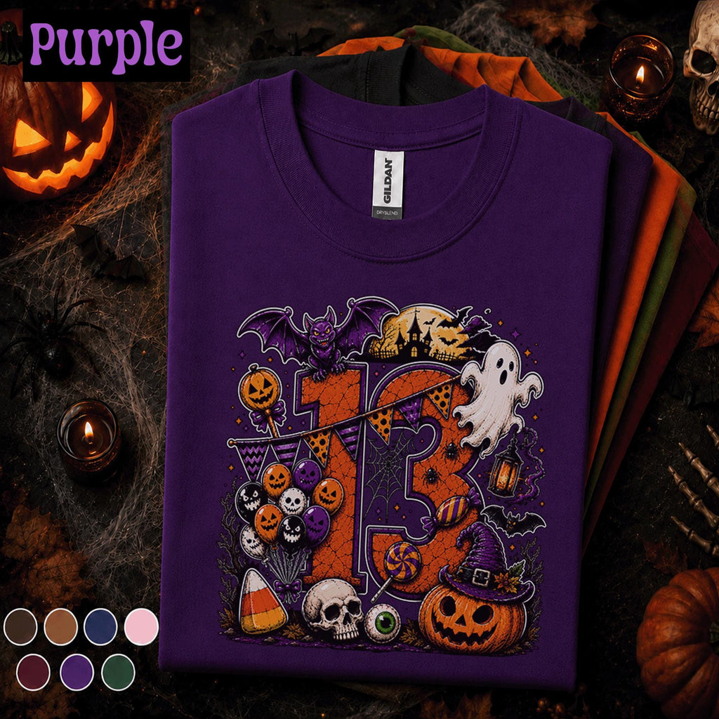 13th Birthday Halloween Shirt, Spooky Number 13 Tee, October Birthday Party Shirt, Ghost Pumpkin Witch Teen Halloween Birthday Gift