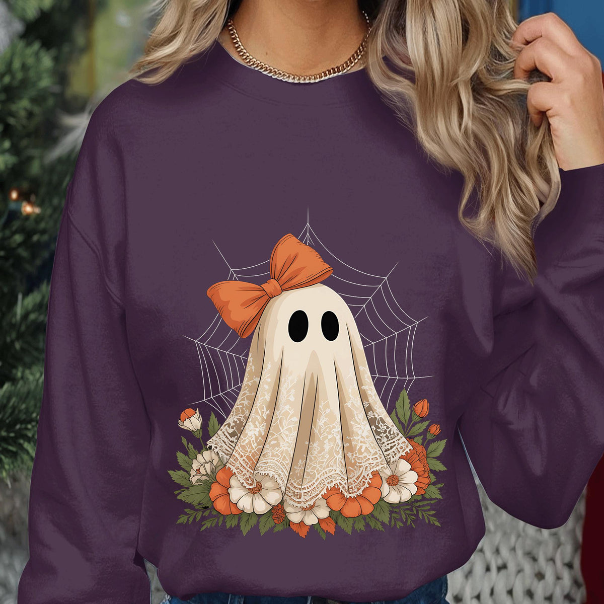 Girly Ghost Lace Shirt, Cute Halloween Spirit Bow Tee, Spooky Floral Haunted Top, Women Halloween Shirt, Girl Ghost Halloween Sweatshirt
