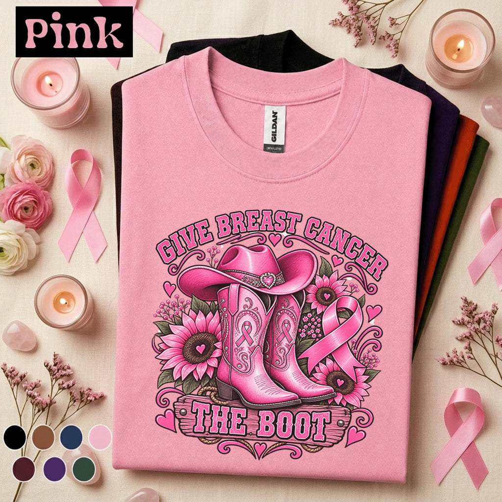 Breast Cancer Awareness Shirt, Give Breast Cancer the Boot Tee, Pink Ribbon Cowgirl Shirt, Western Cancer Fighter Gift for Women Mom