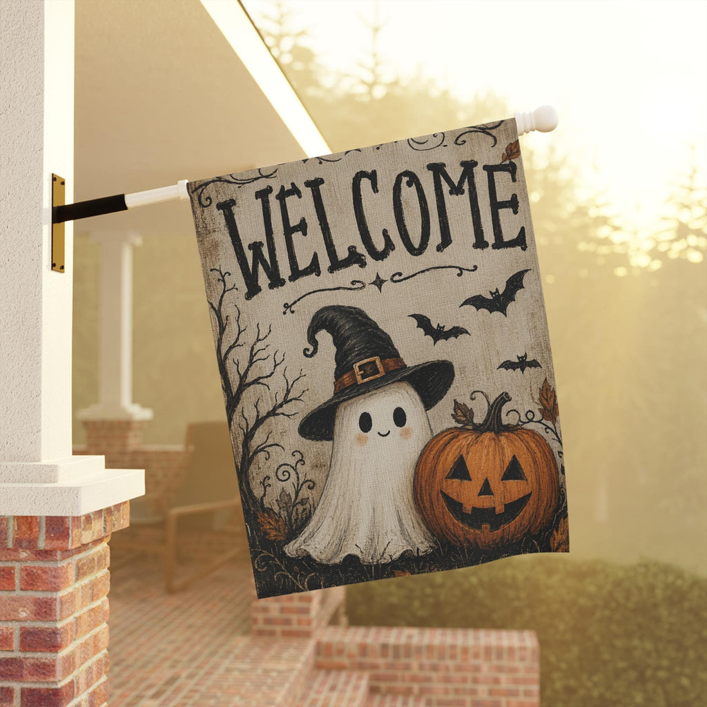 Ghost Witch Halloween Garden Flag, Welcome Pumpkin Yard Decor, Cute Spooky Witch Hat Ghost, Vintage Halloween Outdoor Porch Decoration