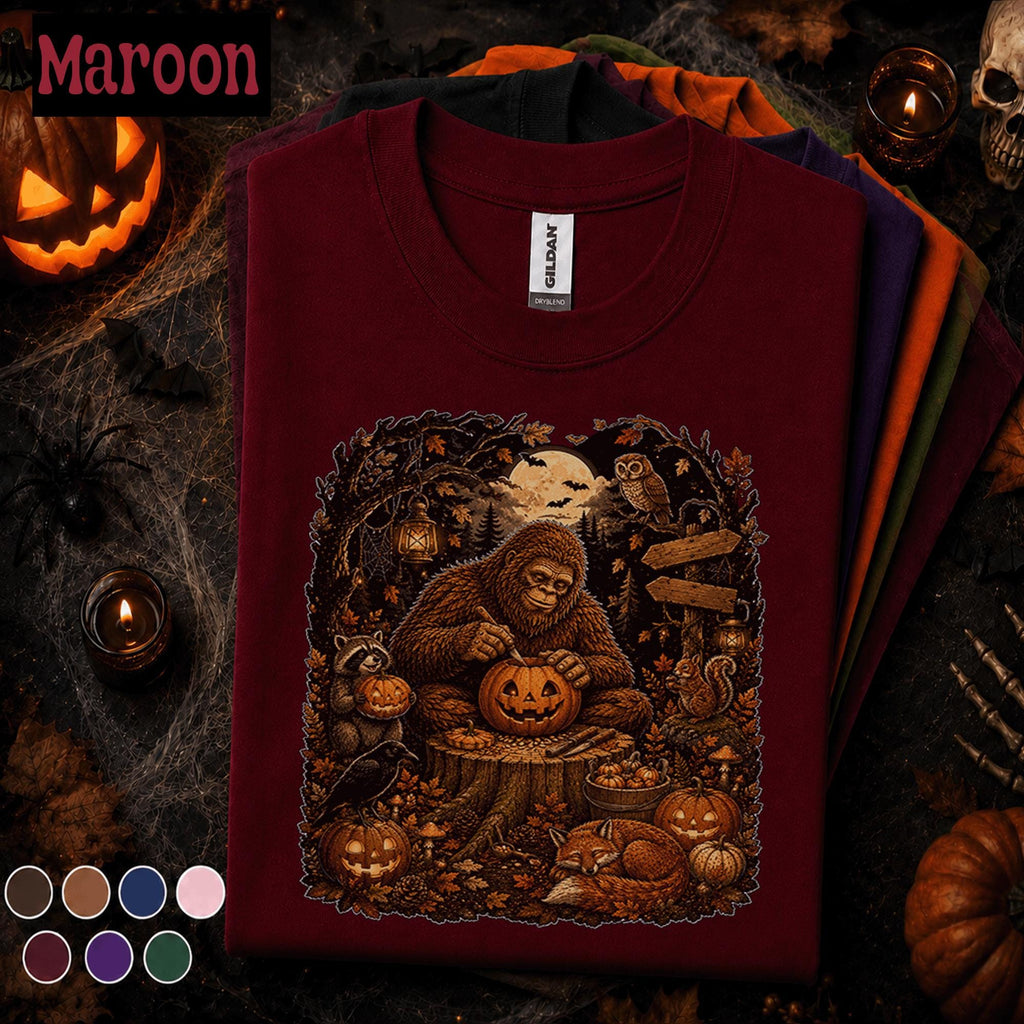 Bigfoot Halloween Shirt, Sasquatch Pumpkin Carving Tee, Spooky Forest Shirt, Vintage Cryptid Fall Tee, Halloween Gift for Him