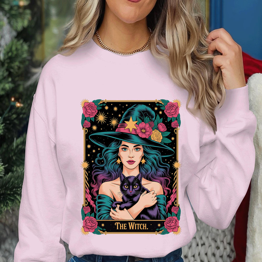 The Witch Halloween Shirt Black Cat Roses, Spooky Haunted Witch Girl Halloween Tee, Cat Lover Witch Costume, Women Halloween Sweatshirt Gift