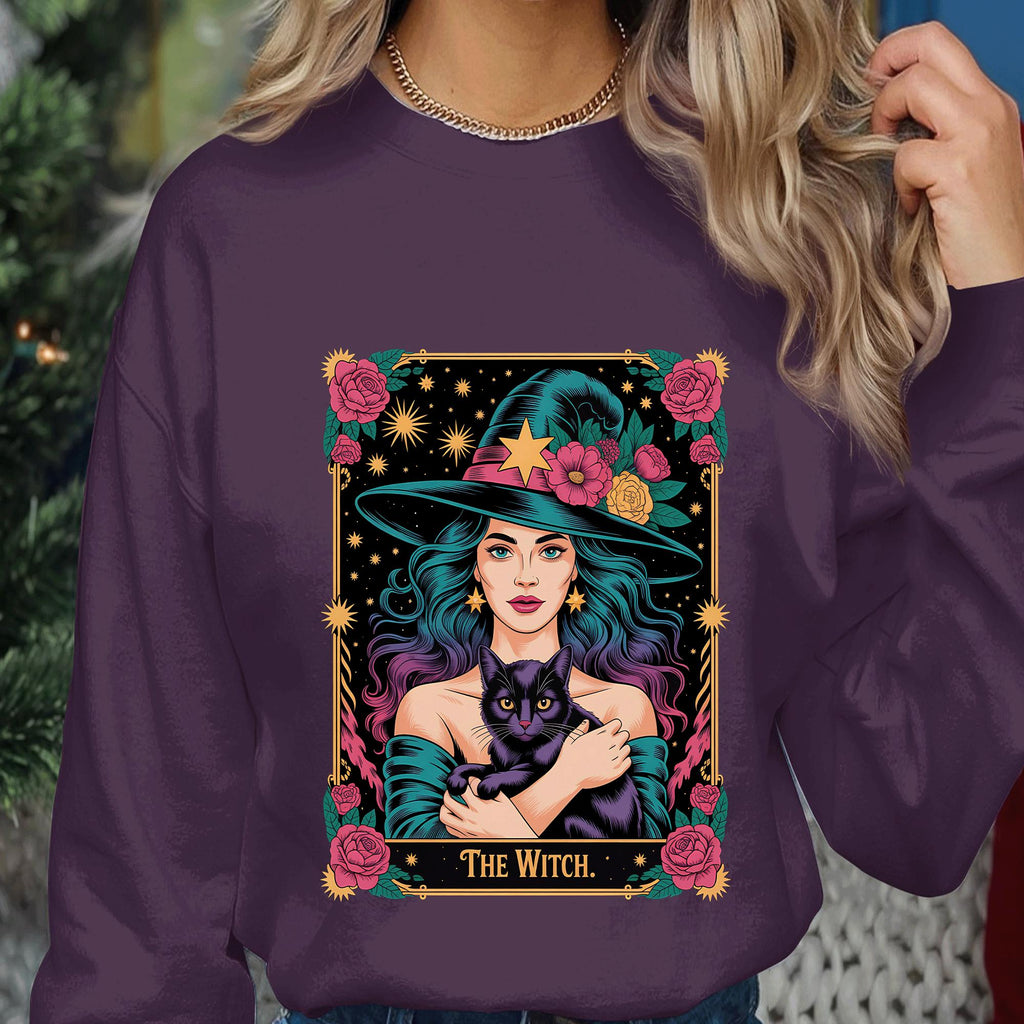 The Witch Halloween Shirt Black Cat Roses, Spooky Haunted Witch Girl Halloween Tee, Cat Lover Witch Costume, Women Halloween Sweatshirt Gift