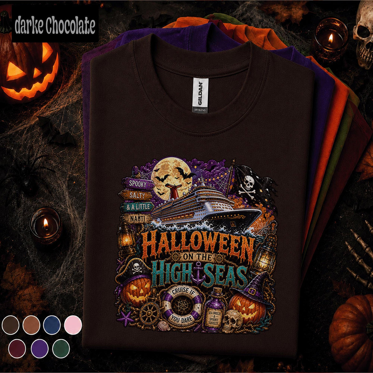 Halloween on the High Seas Shirt, Spooky Cruise Vacation Tee, Salty Nauti Pirate Ship, Pumpkin Witch Cruise Group Halloween Gift Tee