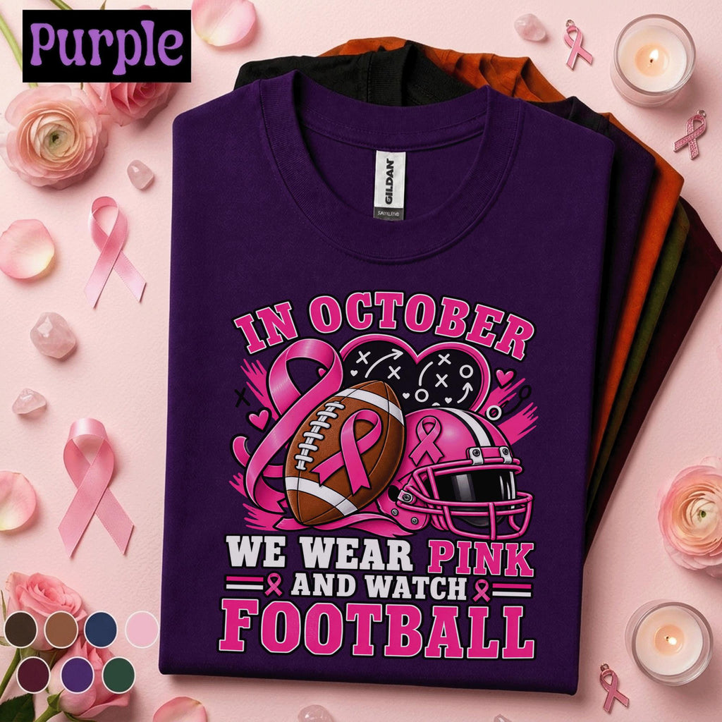 Breast Cancer Awareness Football Shirt, In October We Wear Pink Tee, Football Mom Pink Ribbon Shirt, Game Day Support Squad Gift Women