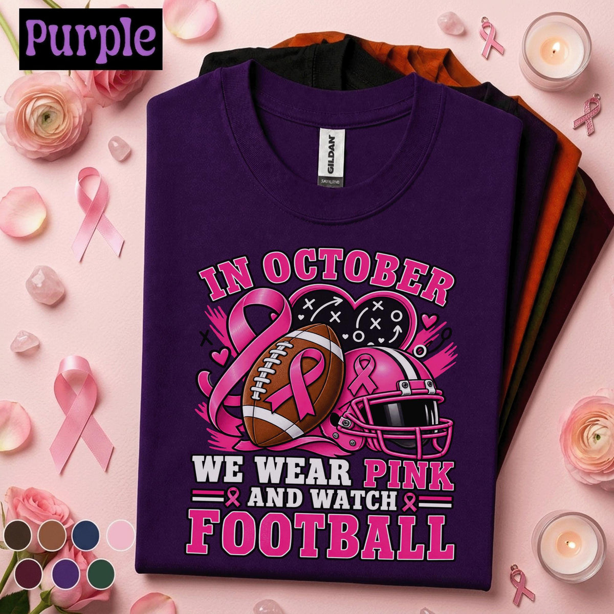 Breast Cancer Awareness Football Shirt, In October We Wear Pink Tee, Football Mom Pink Ribbon Shirt, Game Day Support Squad Gift Women