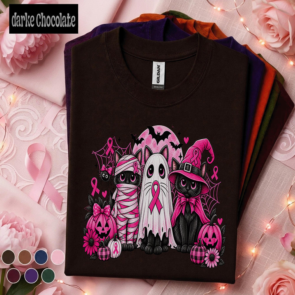 Breast Cancer Awareness Halloween Shirt, Pink Ribbon Black Cat Tee, Spooky October Cancer Support Shirt, Halloween Pink Out Survivor Gift