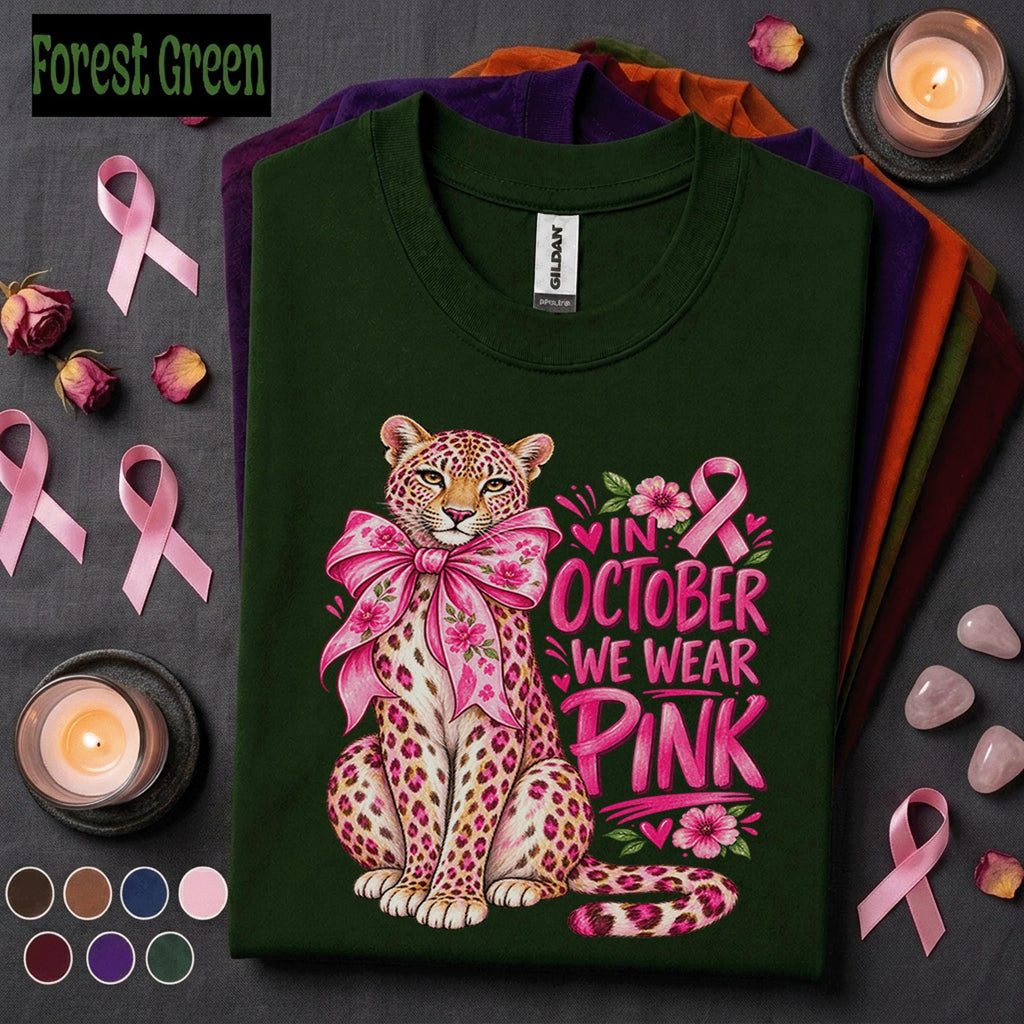 Breast Cancer Awareness Shirt, In October We Wear Pink Tee, Pink Ribbon Leopard Shirt, Pink Out Breast Cancer Support Gift for Women