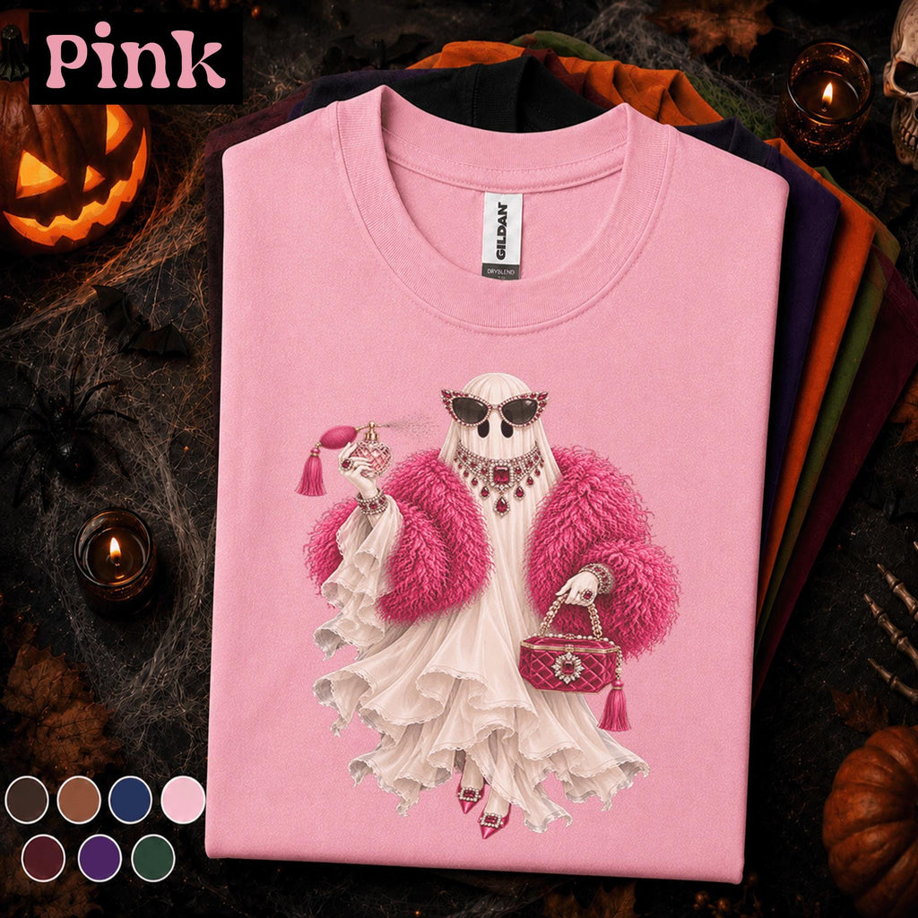 Glam Ghost Halloween Shirt, Pink Fashionista Ghost Tee