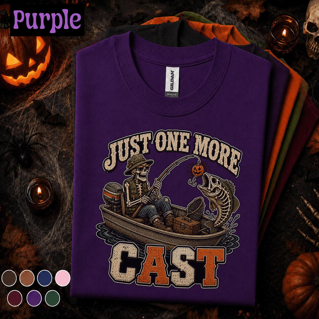 Just One More Cast Halloween Fishing Shirt, Skeleton Fisherman Tee, Spooky Angler Gift, Pumpkin Lure Fishing Tee, Funny Fall Fishing Shirt