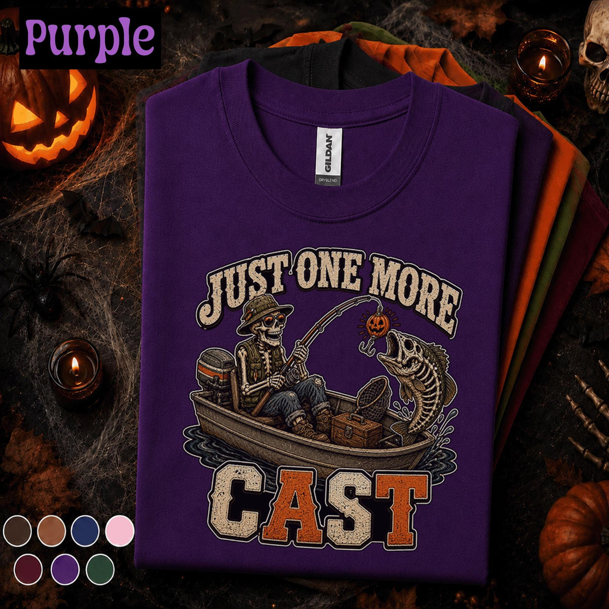 Just One More Cast Halloween Fishing Shirt, Skeleton Fisherman Tee, Spooky Angler Gift, Pumpkin Lure Fishing Tee, Funny Fall Fishing Shirt