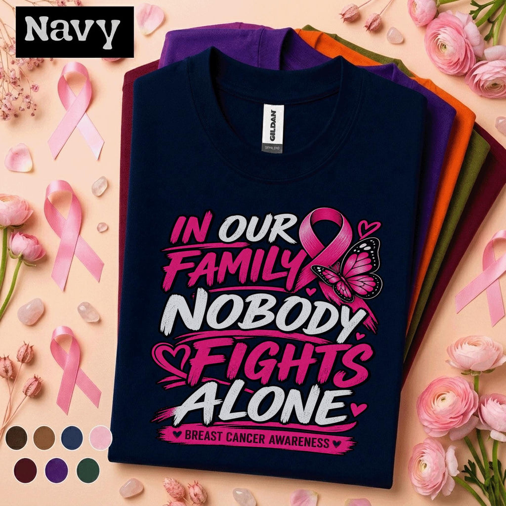 Breast Cancer Awareness Shirt, Nobody Fights Alone Family Tee, Pink Ribbon Butterfly Shirt, Support Squad Gift for Women Pink October