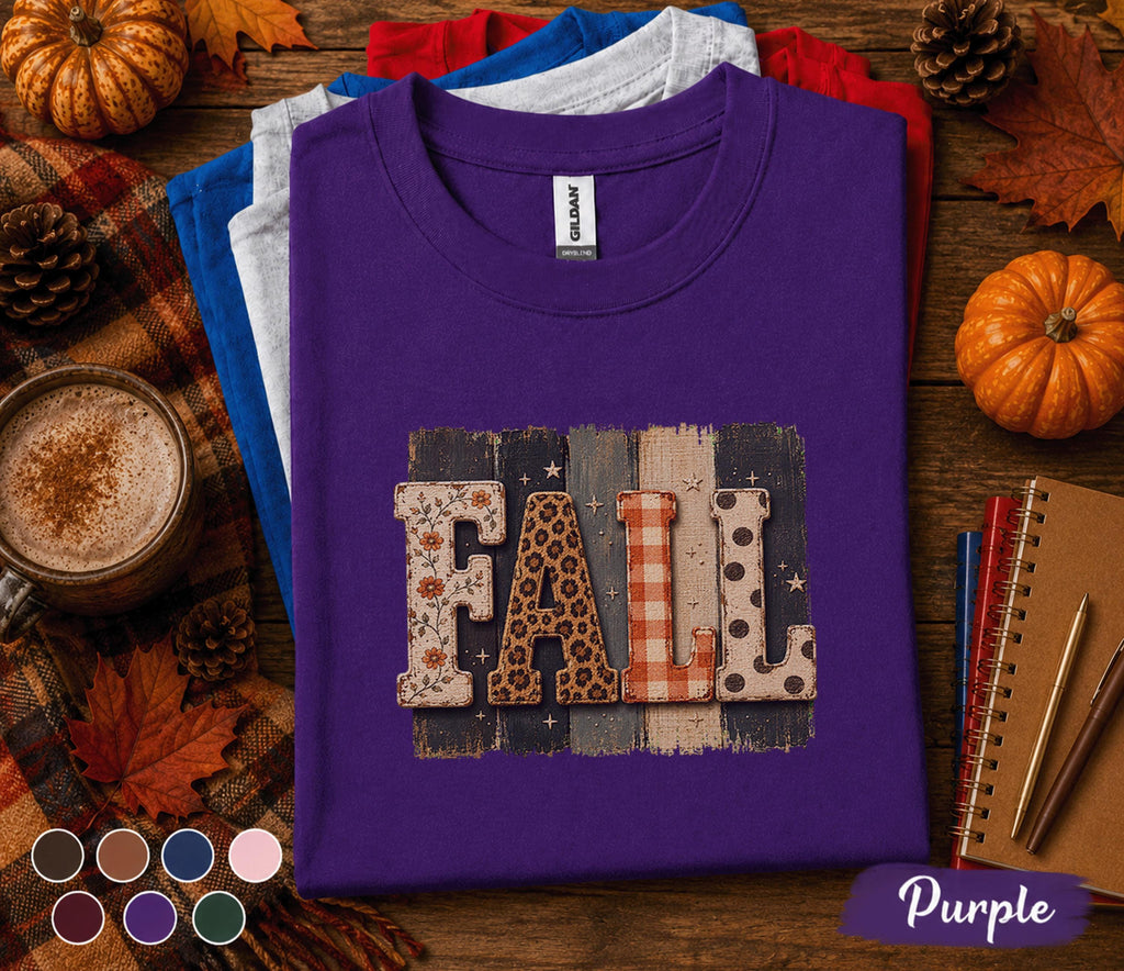 Fall Shirt, Rustic Autumn Tee, Cozy Fall Season T-Shirt, Leopard Plaid Floral Lettering, Pumpkin Patch Outfit, Thanksgiving Gift