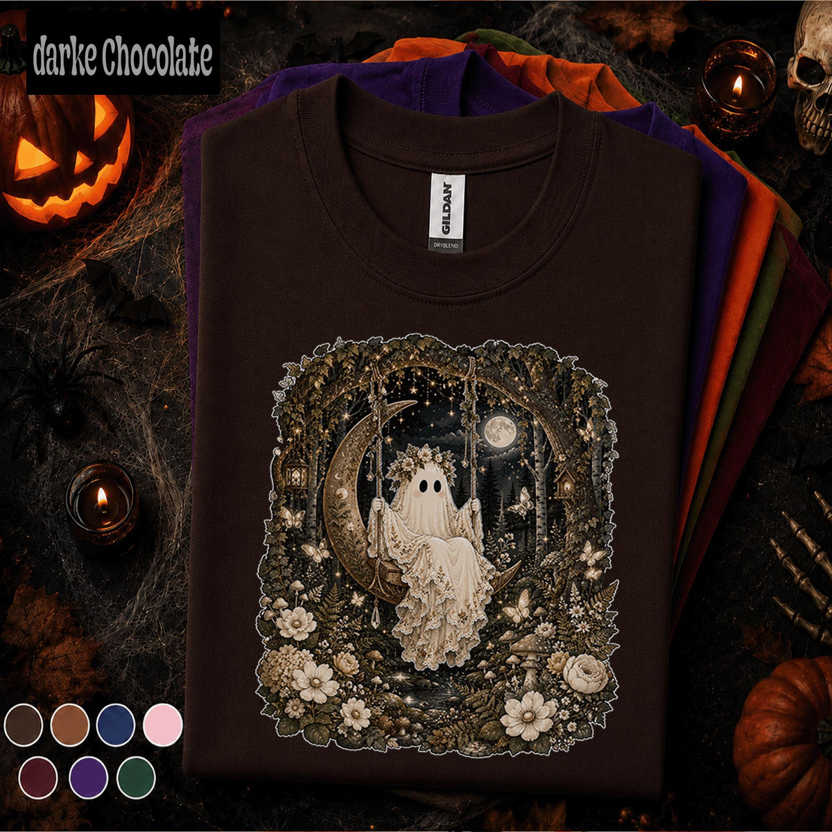 Boho Ghost Halloween Shirt, Crescent Moon Swing Tee, Whimsical Spooky Forest Shirt, Cottagecore Halloween Gift for Women