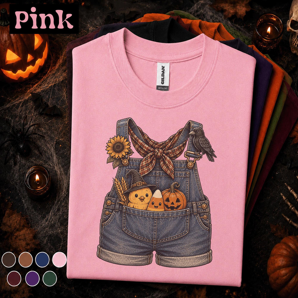 Cute Halloween Overalls Shirt, Pumpkin Candy Corn Chick Tee, Fall Farm Girl, Spooky Crow Sunflower Shirt, Autumn Country Gift