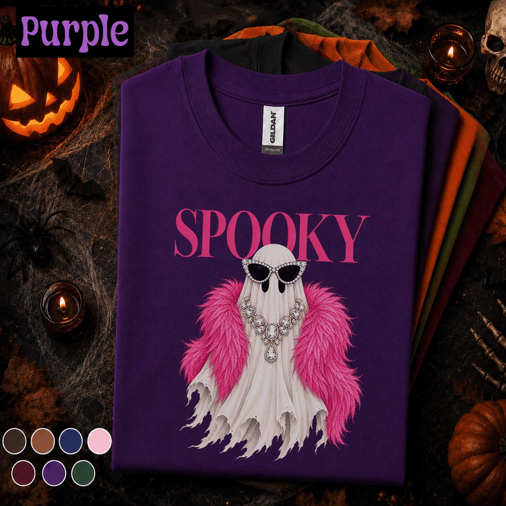 Spooky Glam Ghost Halloween Shirt, Pink Feather Boa Ghost Tee, Rhinestone Sunglasses, Girly Halloween Shirt, Fashionista Gift for Her
