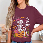 Skeleton Witch Coffee Halloween Shirt, Spooky Pumpkin Skeleton Sweatshirt, Witch Hat Skeleton Drinking Coffee Tee, Funny Spooky Season Gift