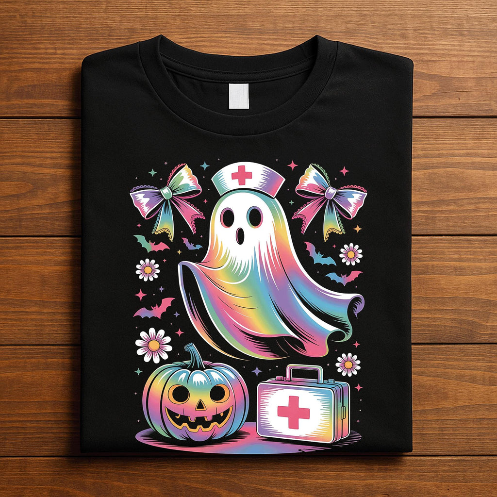 Rainbow Ghost Nurse Shirt, Pastel Halloween Nurse T-Shirt, Cute Halloween Shirt for Nurses, Ghost Tee with Pumpkin, RN Halloween Sweatshirt