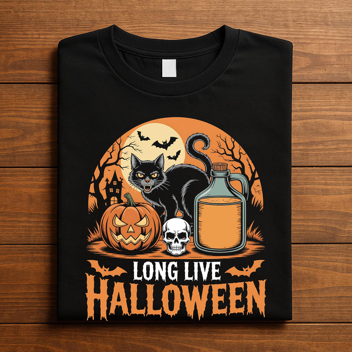 Long Live Halloween Shirt, Black Cat Pumpkin Skull Tee