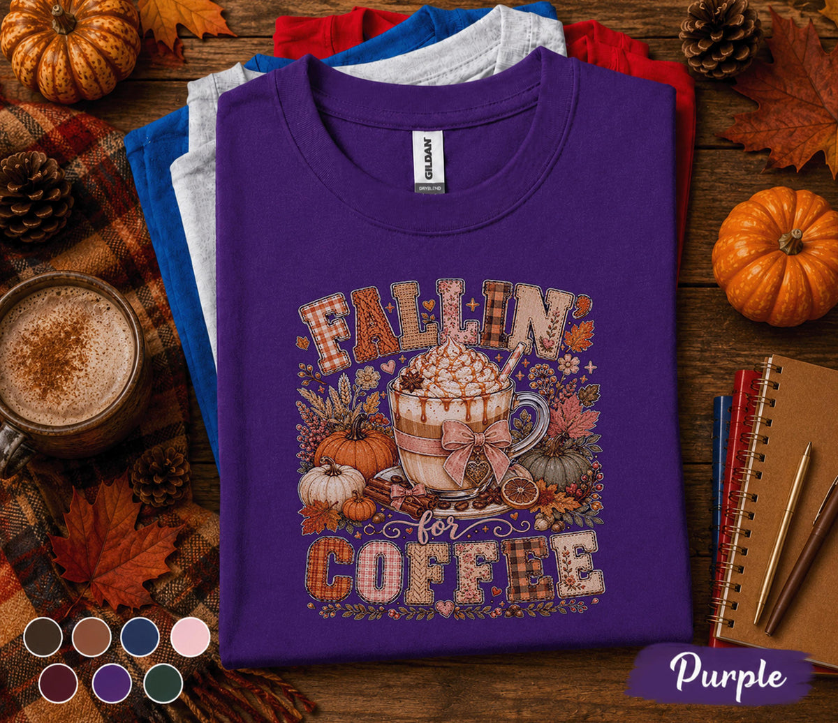 Fallin' for Coffee Shirt, Pumpkin Spice Coffee Lover Tee, Cozy Autumn Coffee Shirt, Fall Aesthetic Sweatshirt, Thanksgiving Gift for Her