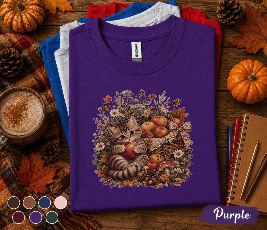 Cute Fall Kitten Shirt, Autumn Cat Apple Basket Tee, Cozy Harvest Cat Lover T-Shirt, Pumpkin Season Gift, Thanksgiving Outfit