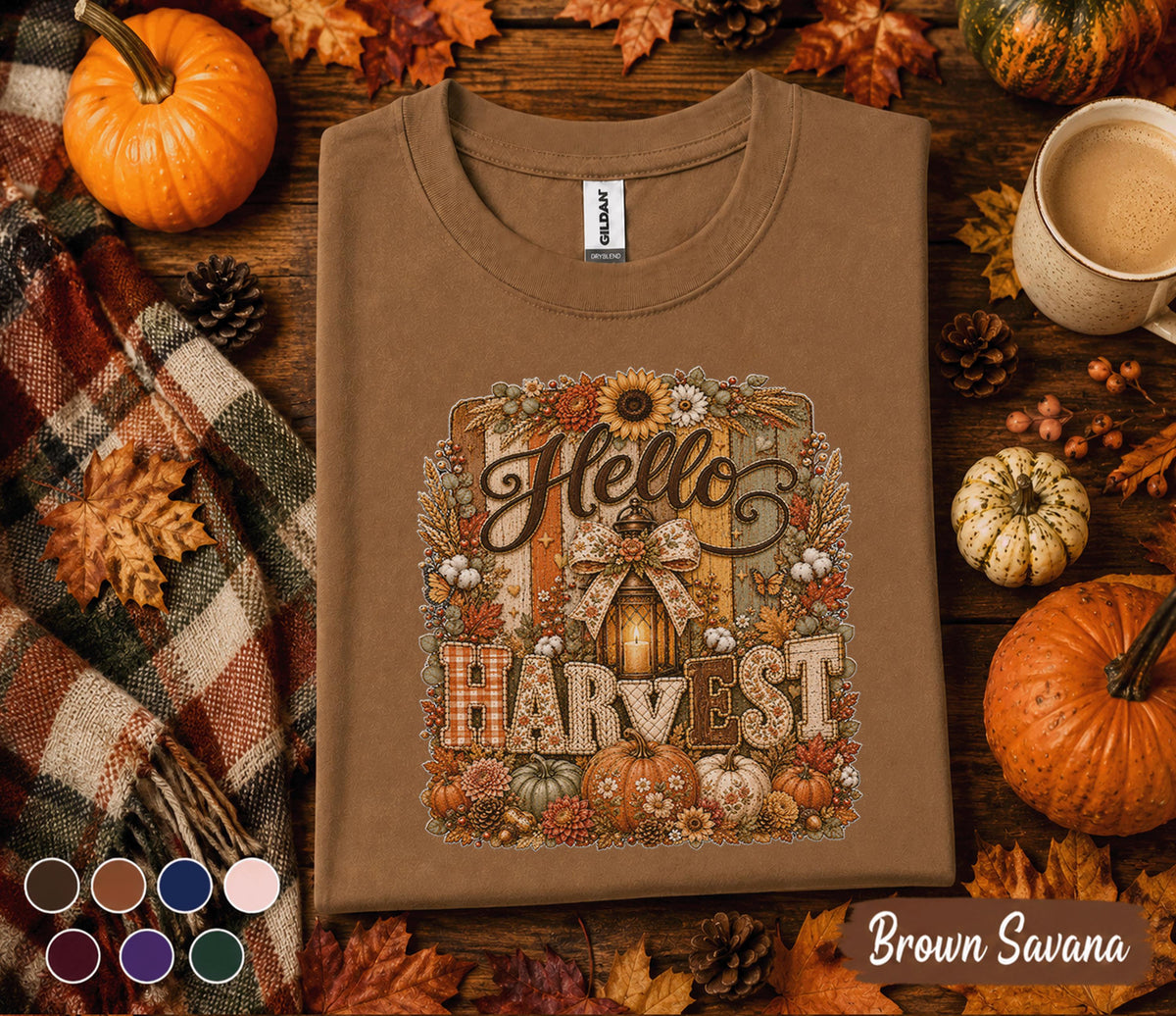 Hello Harvest Shirt Fall Harvest Tee Pumpkin Autumn Shirt Rustic Thanksgiving Cozy Fall Decor Lover Gift for Women