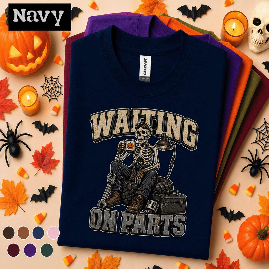 Mechanic Halloween Shirt, Waiting on Parts Tee, Funny Skeleton Mechanic Gift, Auto Repair Technician, Spooky Garage Worker T-Shirt