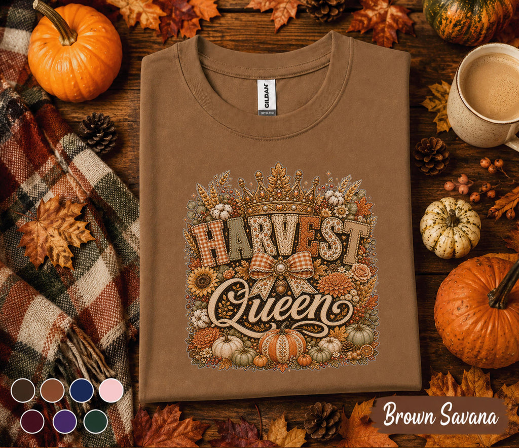 Harvest Queen Shirt, Girls Fall Queen Pumpkin Tee, Autumn Harvest Sweatshirt, Thanksgiving Shirt, Cozy Pumpkin Floral Crown Shirt women